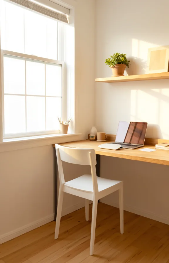 natural wood desk, simple white chair, window flooding space with golden afternoon light