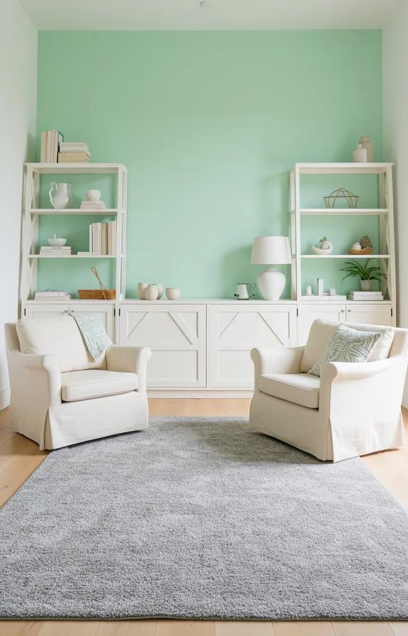 white walls on remaining sides, white painted wooden shelving