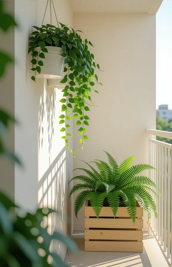 Medium 3/4 shot small narrow apartment balcony. Lush