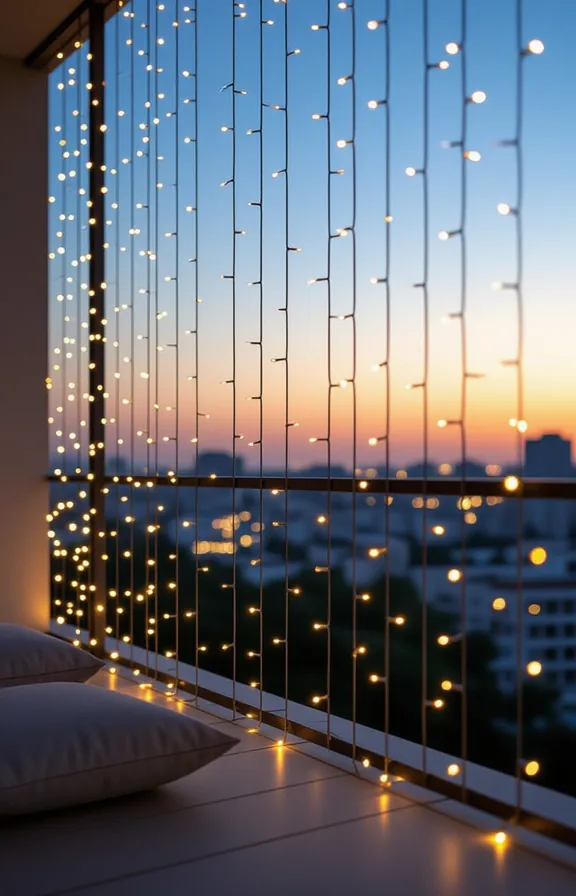 Vertical wide shot balcony railing dusk. Dense warm
