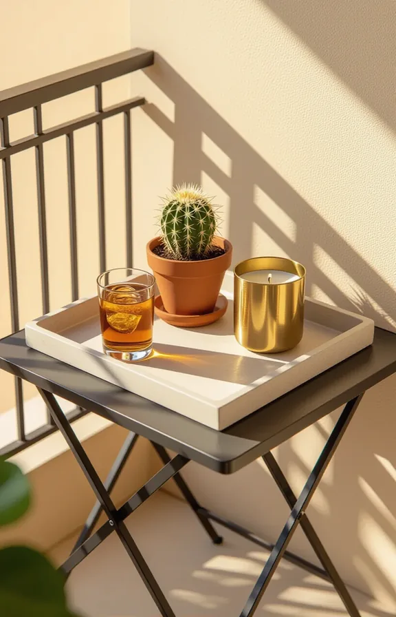 Overhead 3/4 shot small balcony table. rectangular cement-look