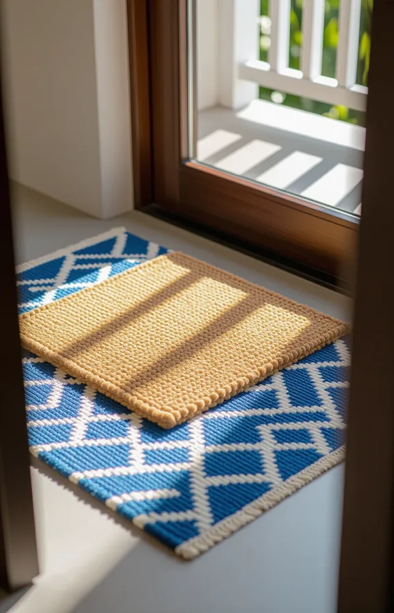 Vertical balcony doorway. durable coir door mat sits