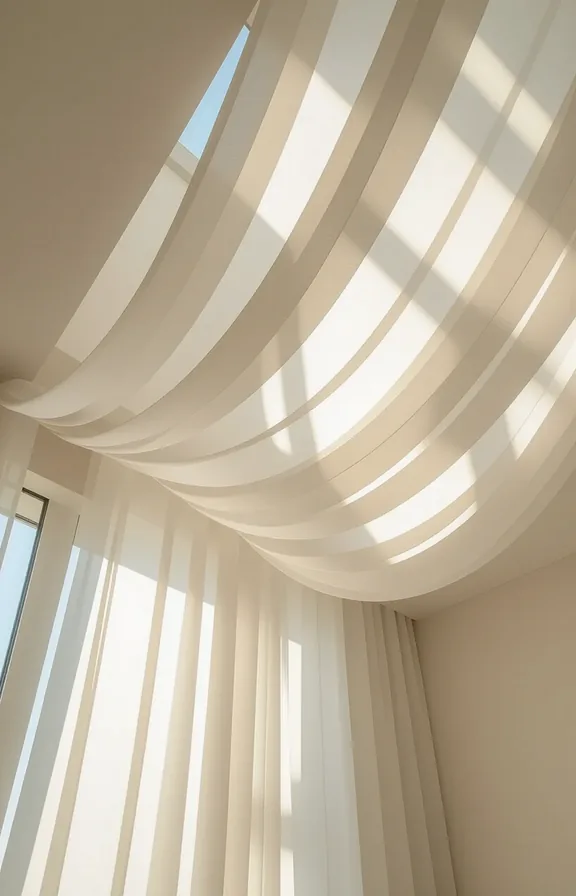 Low-angle vertical shot looking balcony ceiling. Flowing panels
