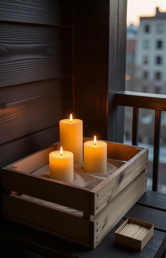Medium small shadowed balcony corner. rustic wooden crate