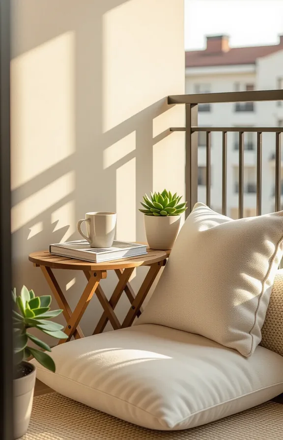 Vertical medium shot compact balcony corner. small foldable