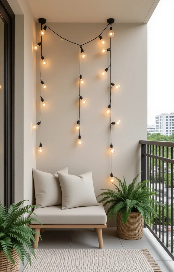 Eye-level wide shot compact balcony. Several delicate battery-operated fairy light strings hang from a simple wire grid suspended overhead, creating a canopy of warm light over a bistro set.