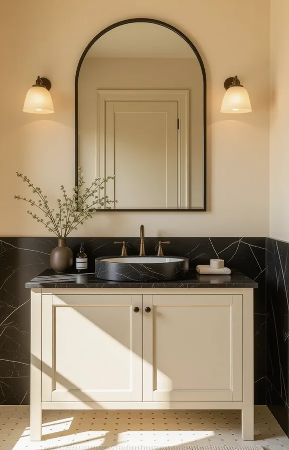 medium shot from standing eye-level perspective bathroom vanity.