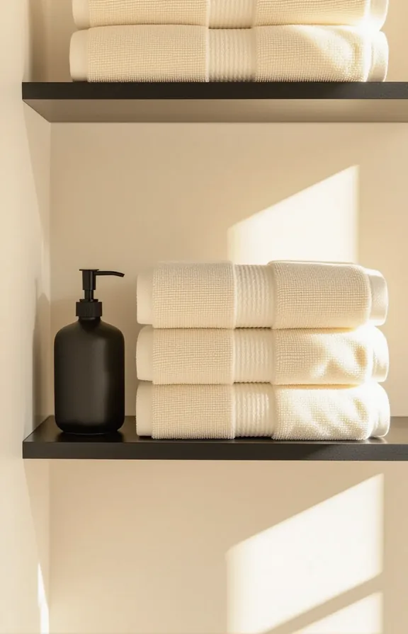 medium shot from three-quarter perspective bathroom linen storage.