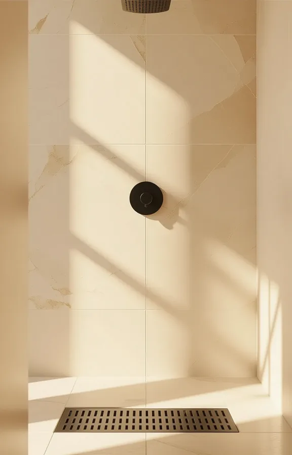 medium shot from eye-level perspective bathroom shower wall.