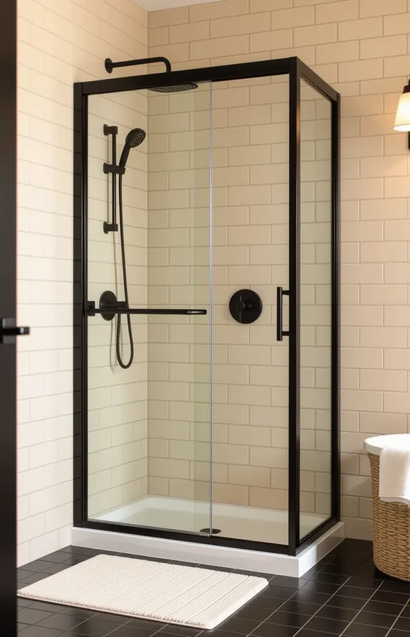 medium shot from eye-level perspective shower enclosure. sleek