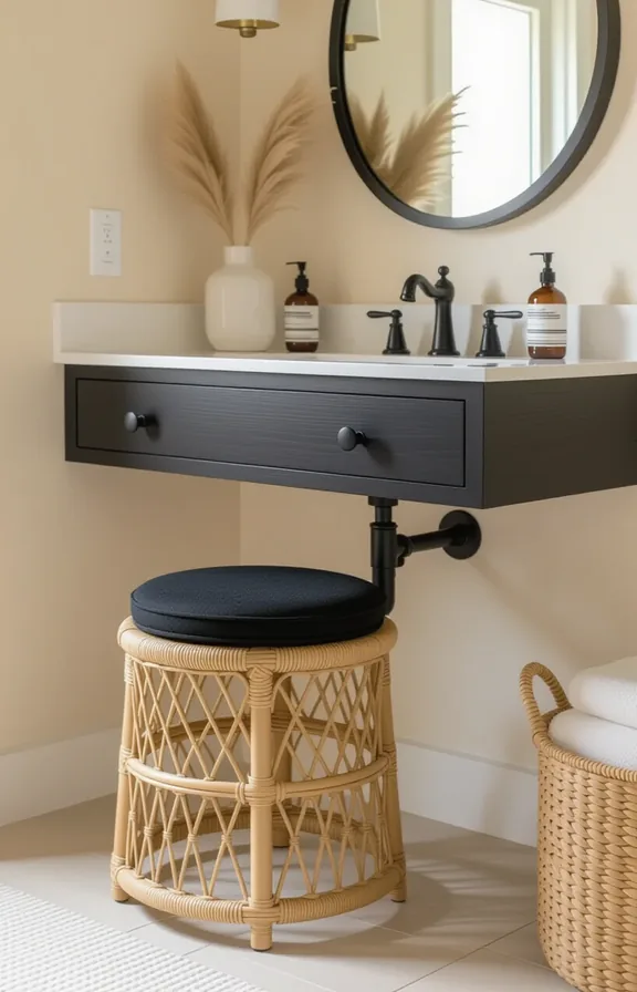 medium shot from three-quarter perspective bathroom vanity area.