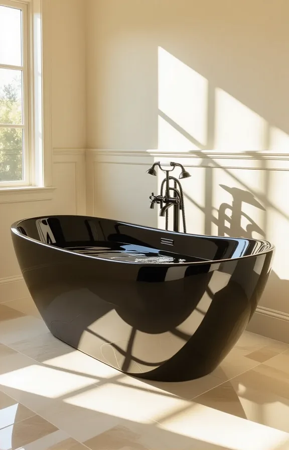 medium shot from three-quarter perspective bathroom focusing freestanding
