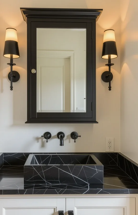 medium shot from eye-level perspective bathroom vanity wall.
