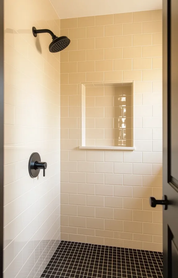 medium shot from eye-level perspective shower area. The