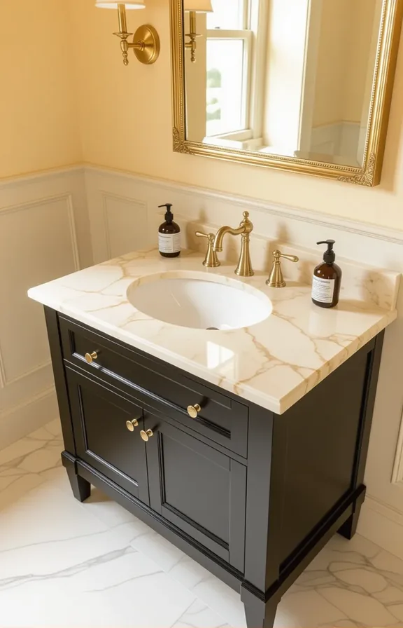 medium shot from eye-level perspective bathroom vanity. The