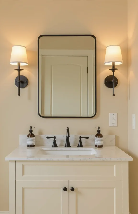 medium shot from standing eye-level perspective bathroom wall.