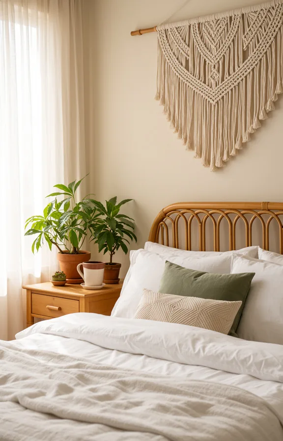 3/4 view, cream macramé wall hanging draped above a wooden rattan headboard