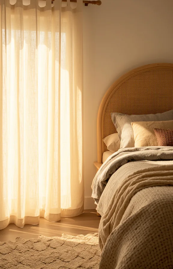 linen curtains in cream hanging from wooden rod beside bed