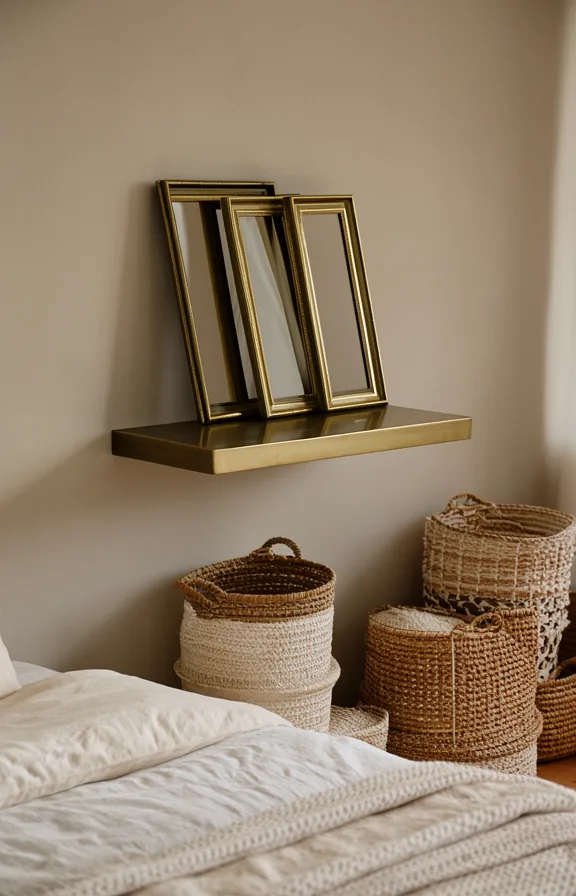 3/4 view, vintage brass picture frames in set of three leaning on floating shelf