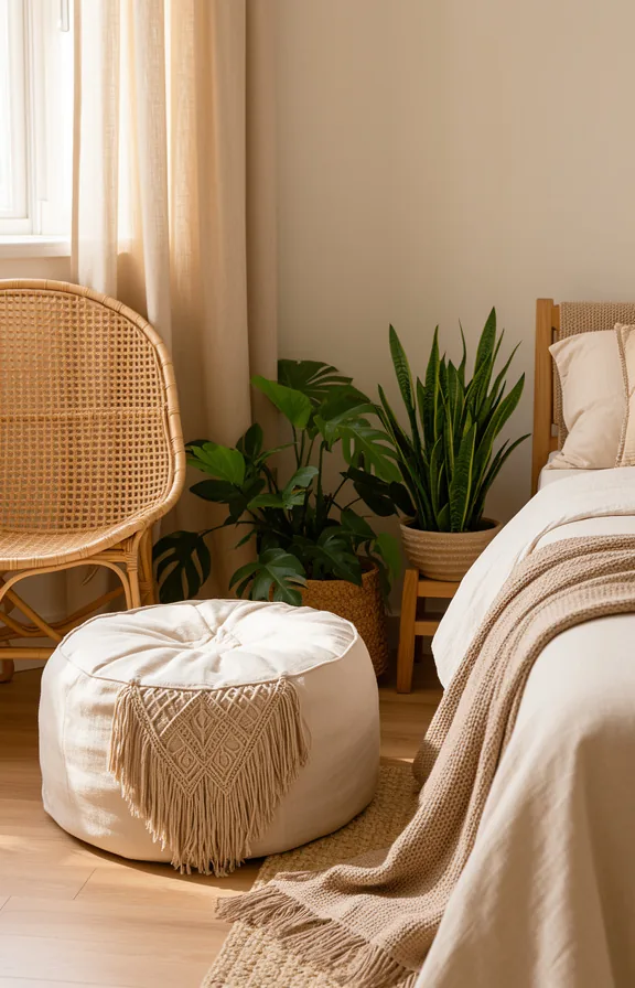 cream linen floor pouf with macramé detail placed in corner beside plants