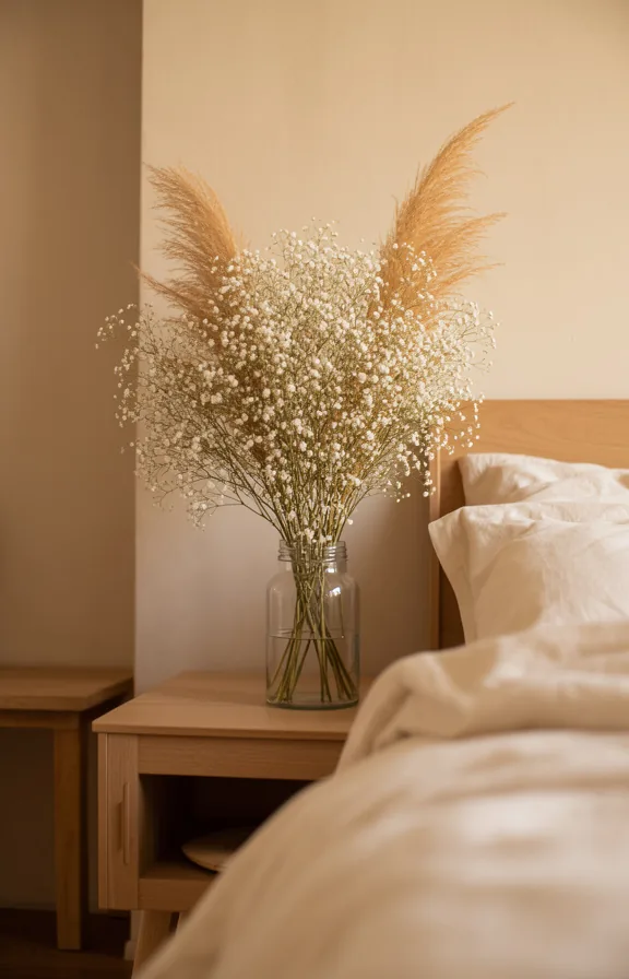 3/4 view, dried pampas grass and baby's breath bunch arranged in clear glass jar on nightstand
