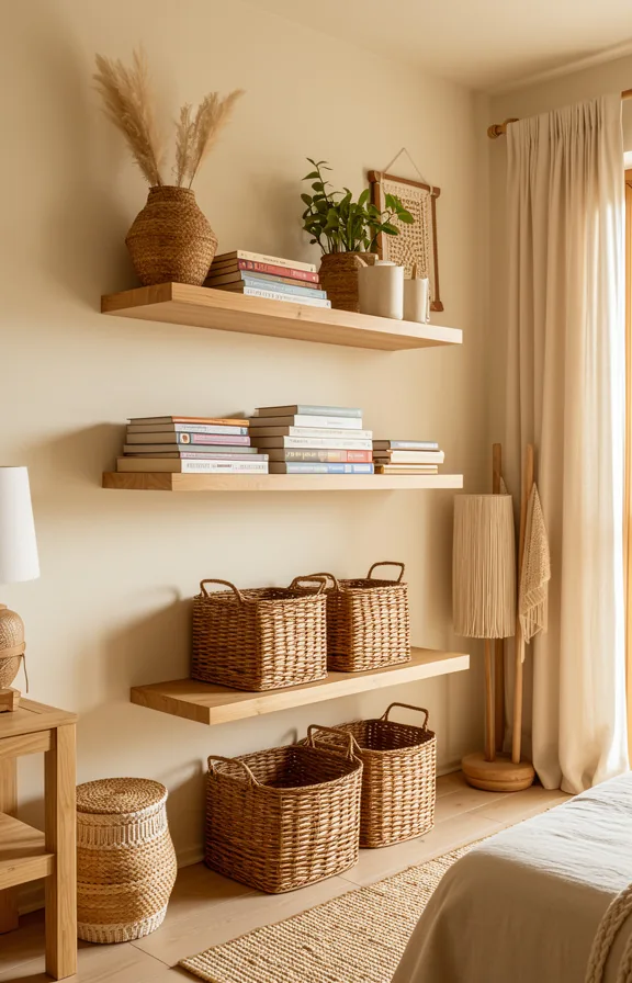 two wooden floating shelves with stacked books and woven baskets below