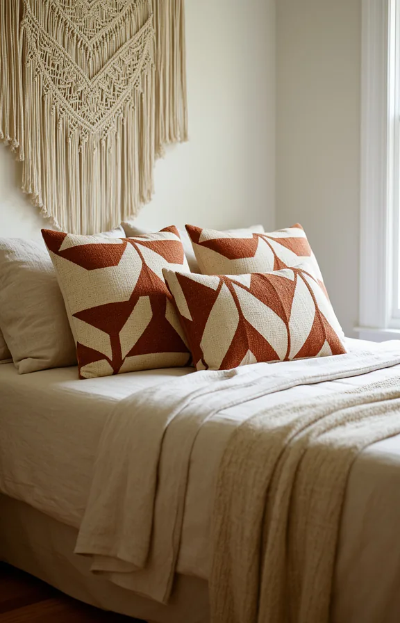 3/4 view, geometric cream and rust throw pillow set layered on corner of bed