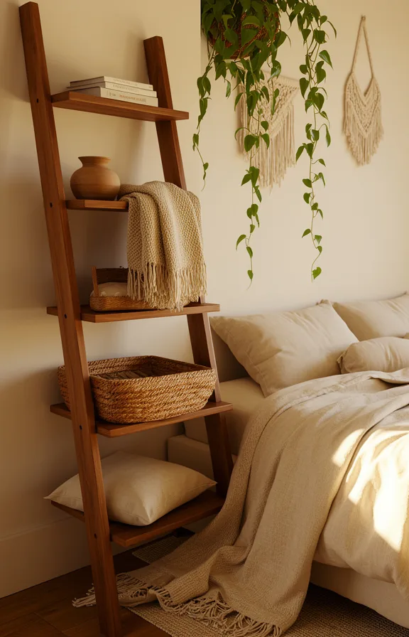 3/4 view, wooden ladder shelf leaning against wall beside bed with blanket draped over rung
