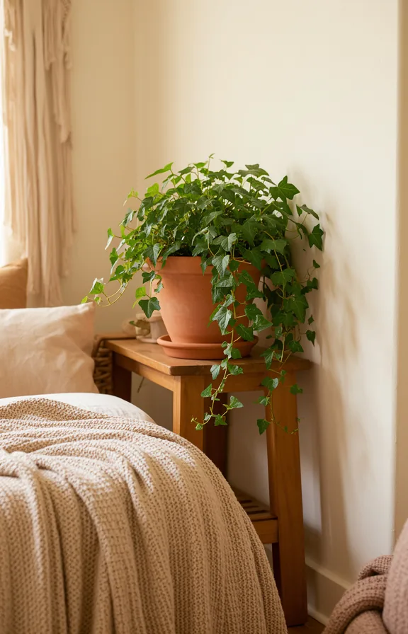 terracotta planter with trailing ivy plant on wooden shelf beside bed