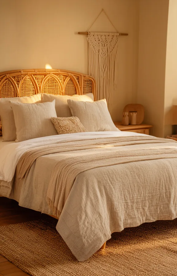 oatmeal linen bedspread layered with throw pillows on wooden bed frame