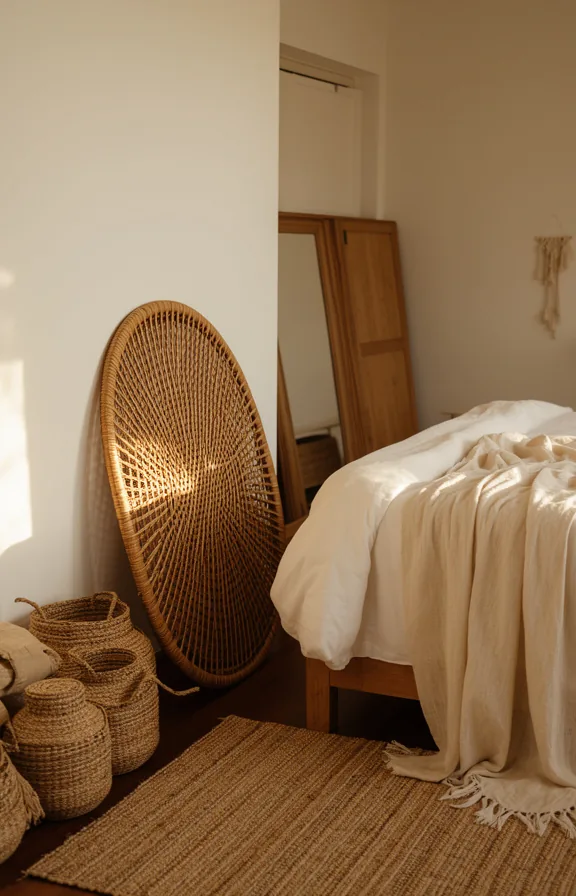 round rattan mirror leaning against white wall beside bed