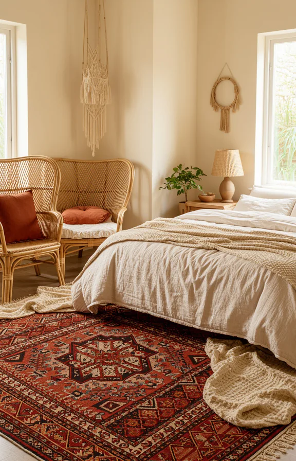 3/4 view, vintage Turkish rug with geometric pattern layered under bed