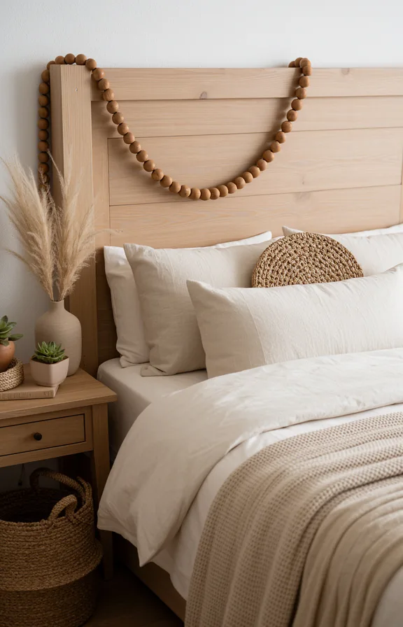 wooden bead garland draped loosely across wooden headboard