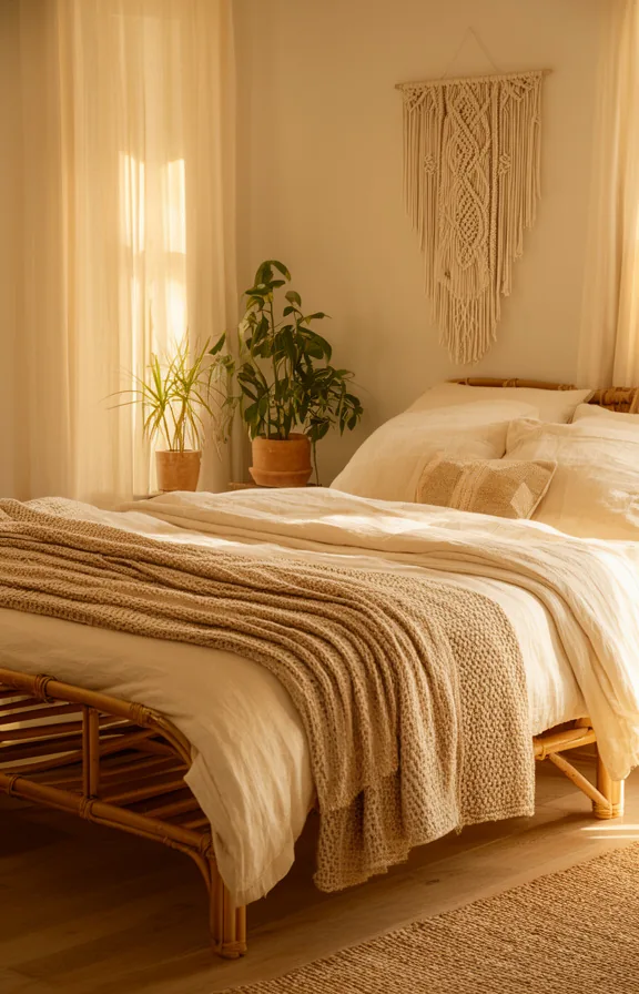 3/4 view, low rattan bed frame with cream linen bedding and layered throw blankets