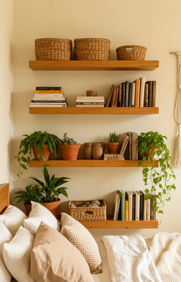 three stacked wooden wall shelves with woven baskets and books