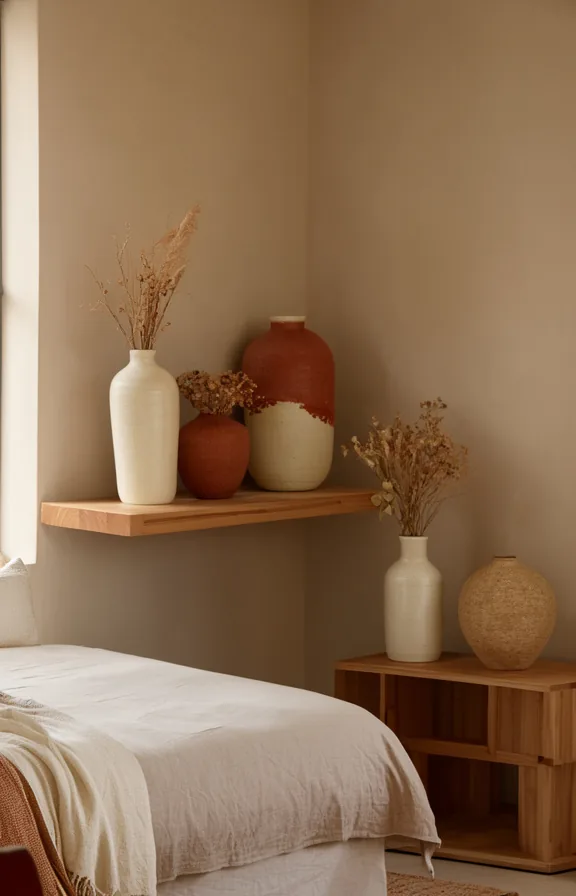 3/4 view, three ceramic vases in cream and rust tones arranged on floating shelf