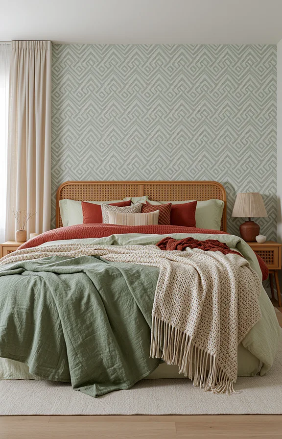 3/4 view, peel-and-stick geometric wallpaper applied to single accent wall behind bed