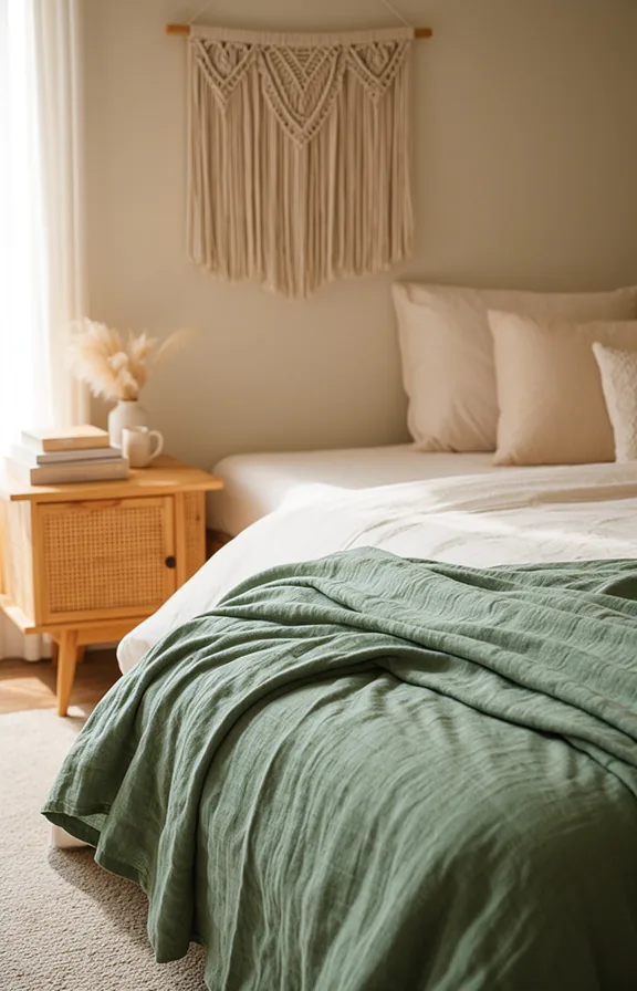 sage green linen throw blanket folded on corner of bed