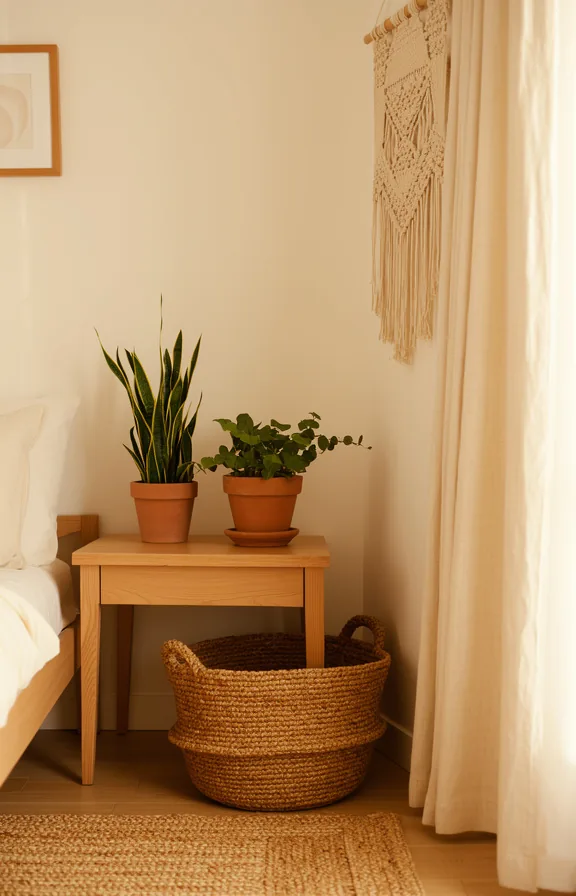 3/4 view, woven jute basket positioned under wooden nightstand in corner