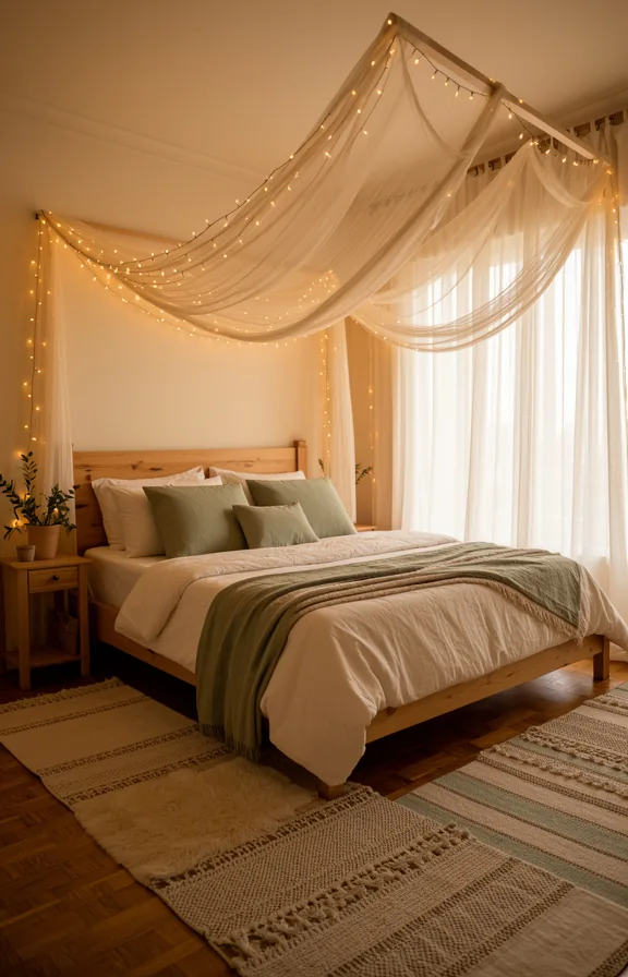 3/4 view, warm string lights draped in loose swoops above wooden bed frame
