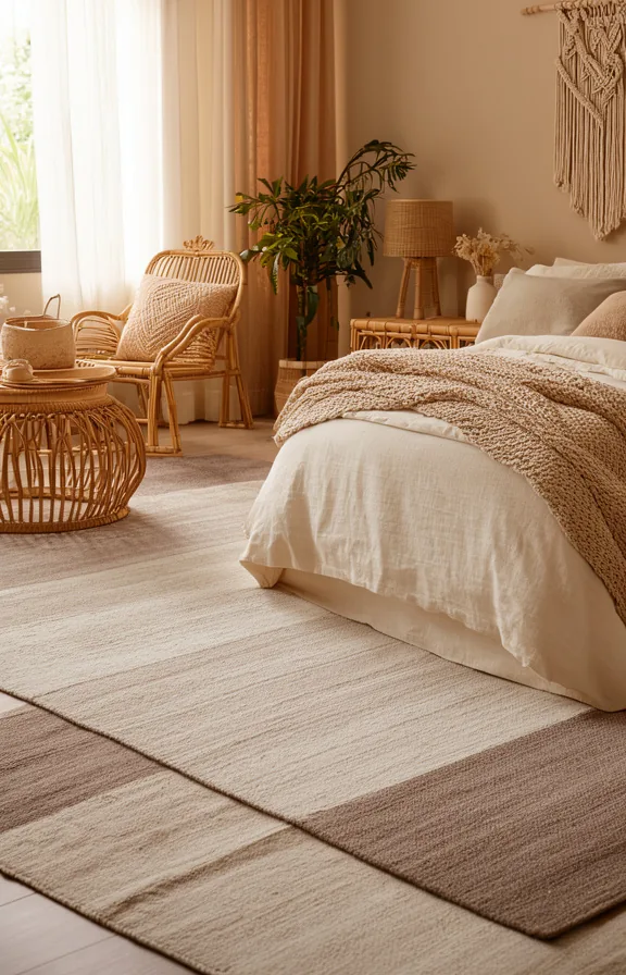 two layered neutral area rugs in cream and taupe under bed