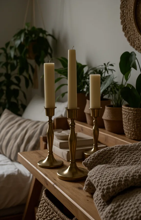 three brass candlestick holders with cream pillar candles arranged on wooden shelf