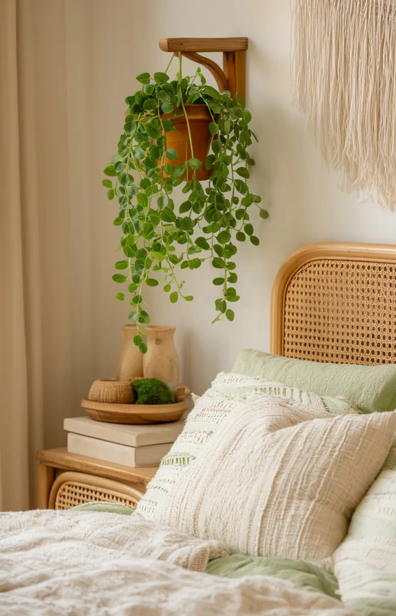 3/4 view, potted trailing string-of-pearls plant hanging from wooden bracket above nightstand