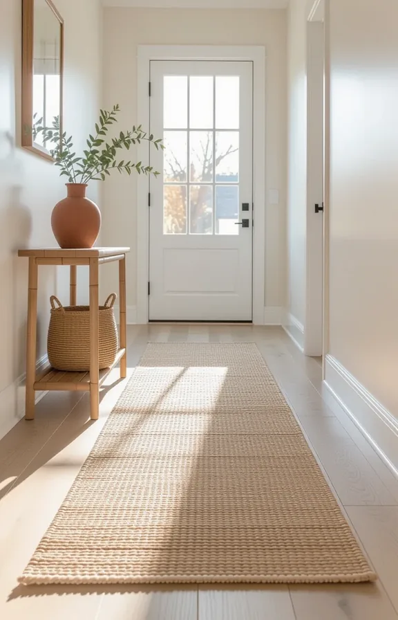 long natural jute runner laid over light grey