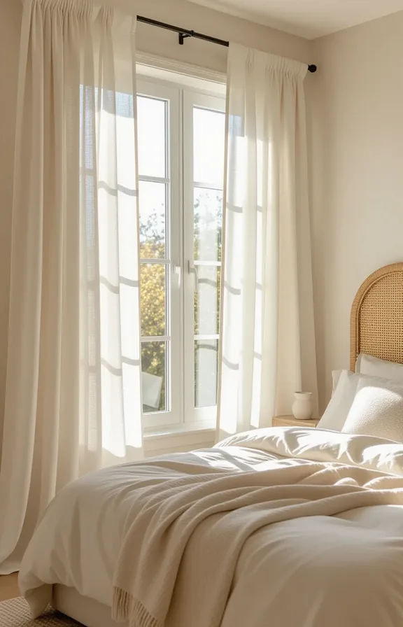 Three-quarters view rental bedroom window showcasing floor-to-ceiling sheer