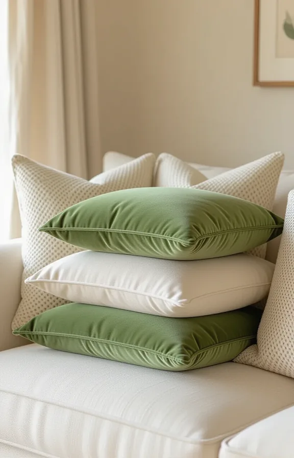wide shot neutral sofa piled with textured pillows