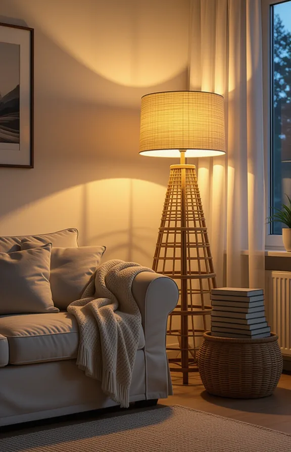 Three-quarters view dim evening living room lit primarily