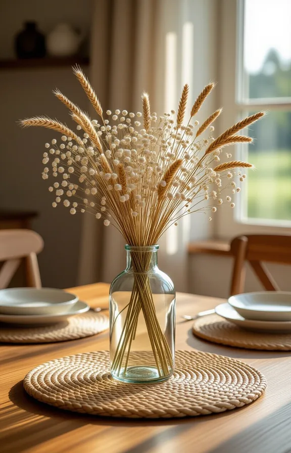 Medium shot wooden dining table centerpiece featuring simple