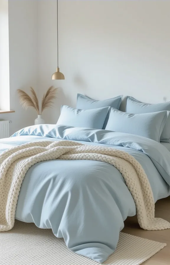 Wide shot neatly made bed showcasing stonewash linen