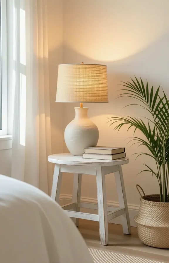 bedroom corner featuring small whitewashed wooden stool used
